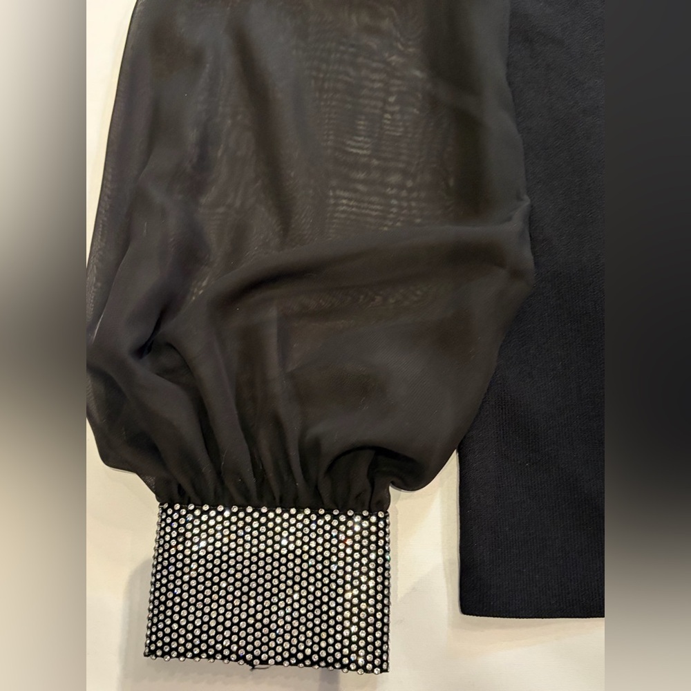 Karen Millen Sweater Black Embellished Chiffon Sleeves Rhinestones Black Medium - Picture 8 of 16